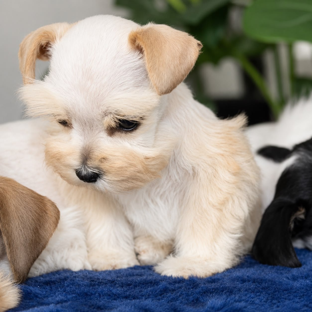 Buton, a female Miniature Schnauzer puppy — cream, with soft apricot shading through the ears and a pale muzzle