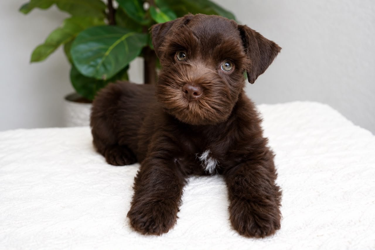 Luna, a female Miniature Schnauzer puppy — solid liver with a small white mark on the chest