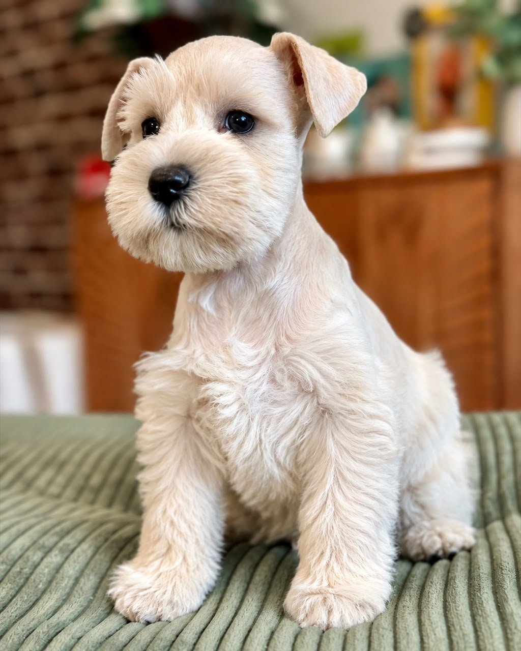 Max, a male Miniature Schnauzer puppy — white, with a dark nose and dark eye rims