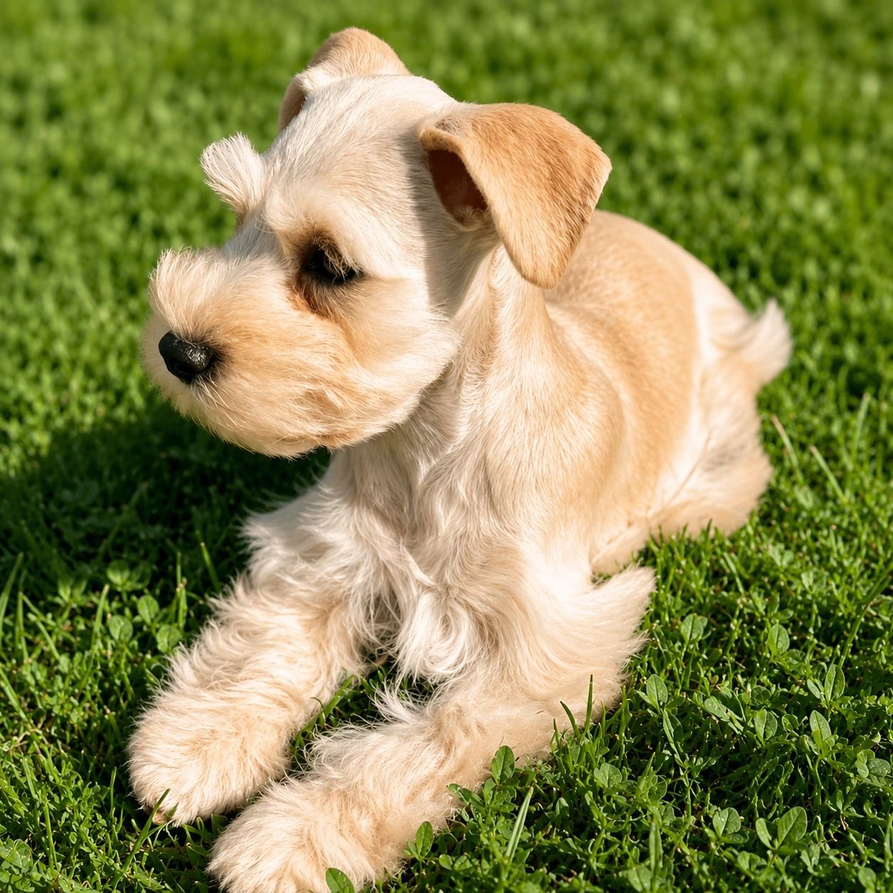 Nala, a female Miniature Schnauzer puppy — cream and wheaten — a pale cream coat with warm apricot shading across the ears and back, and a black nose